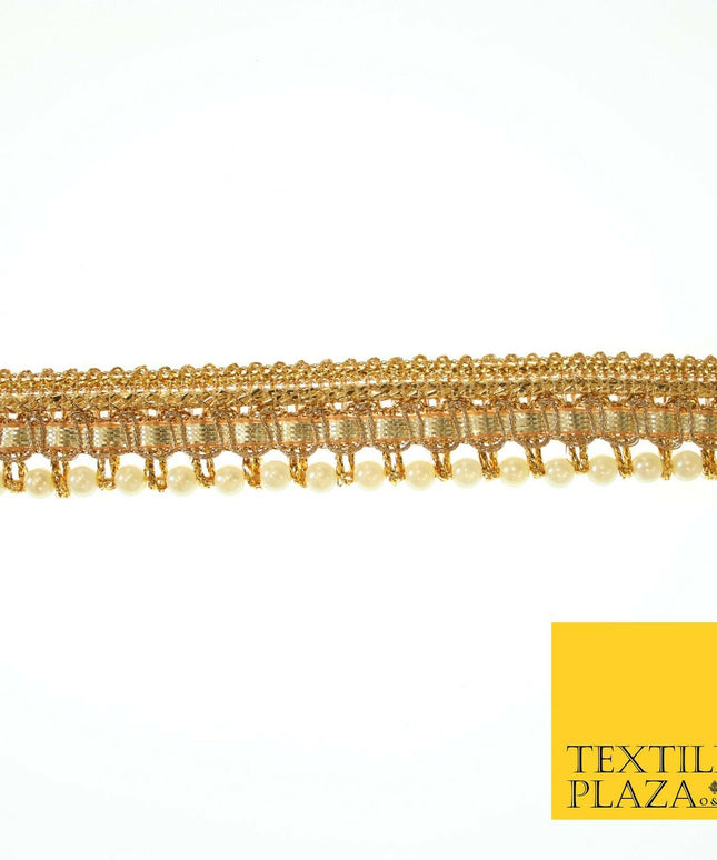 Gold Shimmer Metallic Ribbon & Pearl Trim Border Ribbon Gota Lace 2cm Wide X554