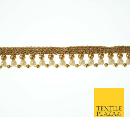 Gold & White Pearl Dual Layer Beaded Trim Border Ribbon Gota Lace 2cm Wide X555