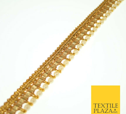 Gold Shimmer Metallic Ribbon & Pearl Trim Border Ribbon Gota Lace 2cm Wide X554