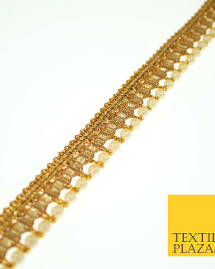 Gold Shimmer Metallic Ribbon & Pearl Trim Border Ribbon Gota Lace 2cm Wide X554