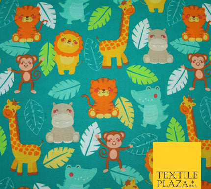 Jade Green Zoo Animals Leafy Giraffe Hippopotamus Monkey 100% Cotton Fabric 7361