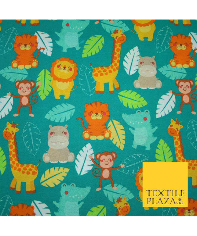 Jade Green Zoo Animals Leafy Giraffe Hippopotamus Monkey 100% Cotton Fabric 7361