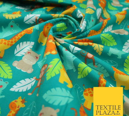 Jade Green Zoo Animals Leafy Giraffe Hippopotamus Monkey 100% Cotton Fabric 7361