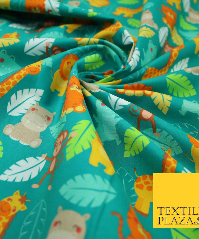 Jade Green Zoo Animals Leafy Giraffe Hippopotamus Monkey 100% Cotton Fabric 7361