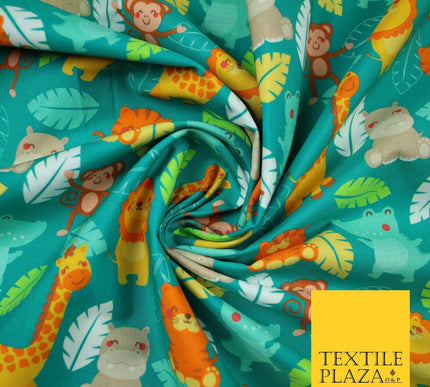 Jade Green Zoo Animals Leafy Giraffe Hippopotamus Monkey 100% Cotton Fabric 7361