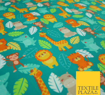 Jade Green Zoo Animals Leafy Giraffe Hippopotamus Monkey 100% Cotton Fabric 7361