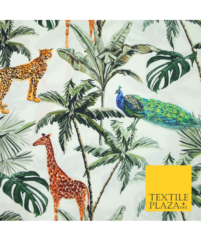 Jungle Animals Palm Trees Peacocks Cheetahs Giraffes 100% Cotton Fabric 7365