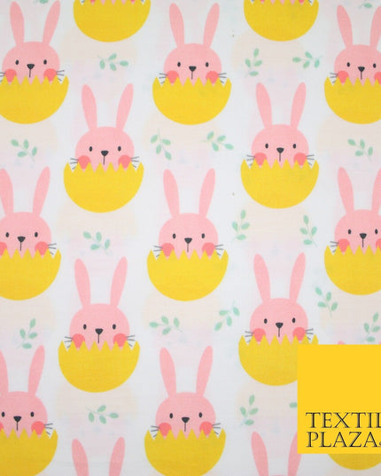 White Cute Peaking Pink Easter Bunny Rabbit Egg Printed 100% Cotton Fabric 7360
