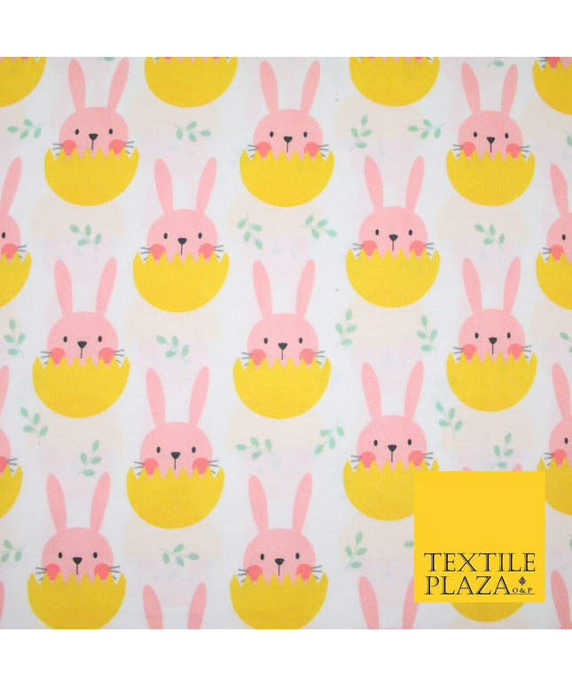 White Cute Peaking Pink Easter Bunny Rabbit Egg Printed 100% Cotton Fabric 7360