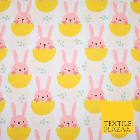White Cute Peaking Pink Easter Bunny Rabbit Egg Printed 100% Cotton Fabric 7360