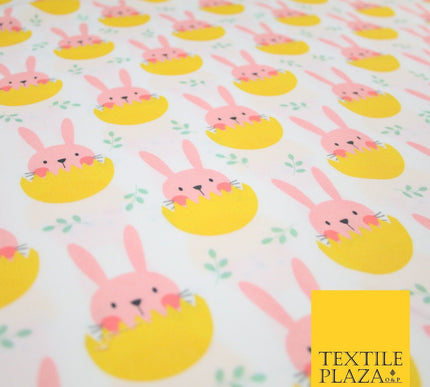 White Cute Peaking Pink Easter Bunny Rabbit Egg Printed 100% Cotton Fabric 7360