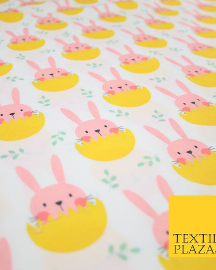 White Cute Peaking Pink Easter Bunny Rabbit Egg Printed 100% Cotton Fabric 7360