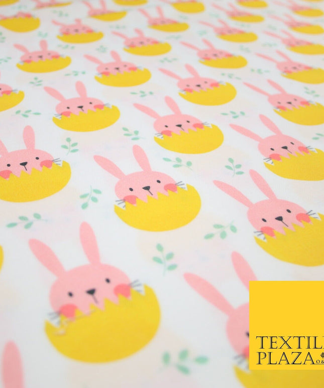White Cute Peaking Pink Easter Bunny Rabbit Egg Printed 100% Cotton Fabric 7360
