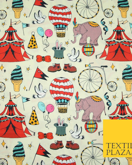 Cream Circus Show Fun Elephant Hot Air Balloon Printed 100% Cotton Fabric 7363