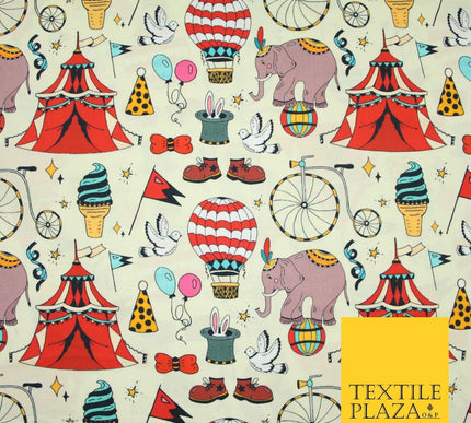 Cream Circus Show Fun Elephant Hot Air Balloon Printed 100% Cotton Fabric 7363