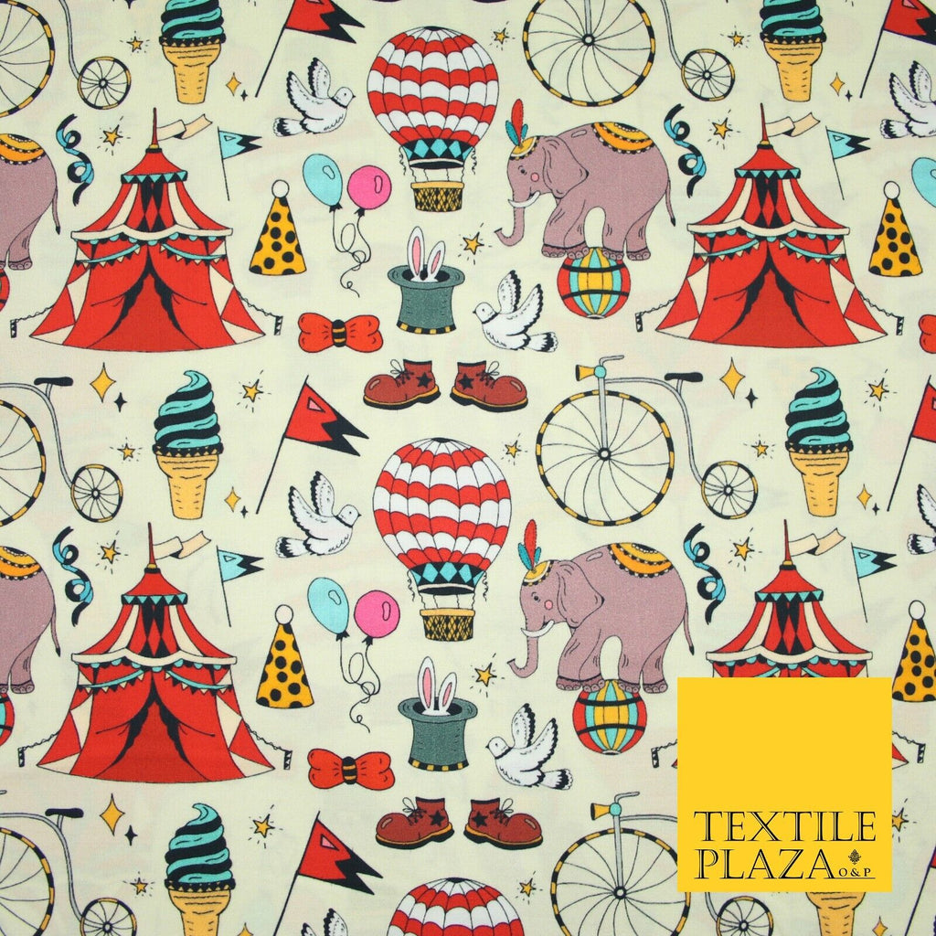 Cream Circus Show Fun Elephant Hot Air Balloon Printed 100% Cotton Fabric 7363