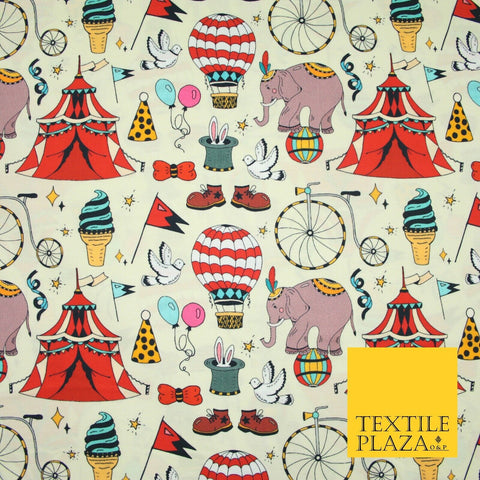 Cream Circus Show Fun Elephant Hot Air Balloon Printed 100% Cotton Fabric 7363