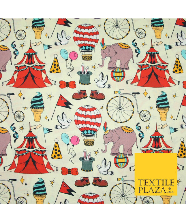 Cream Circus Show Fun Elephant Hot Air Balloon Printed 100% Cotton Fabric 7363