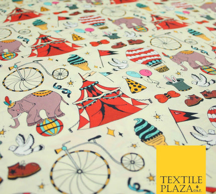 Cream Circus Show Fun Elephant Hot Air Balloon Printed 100% Cotton Fabric 7363