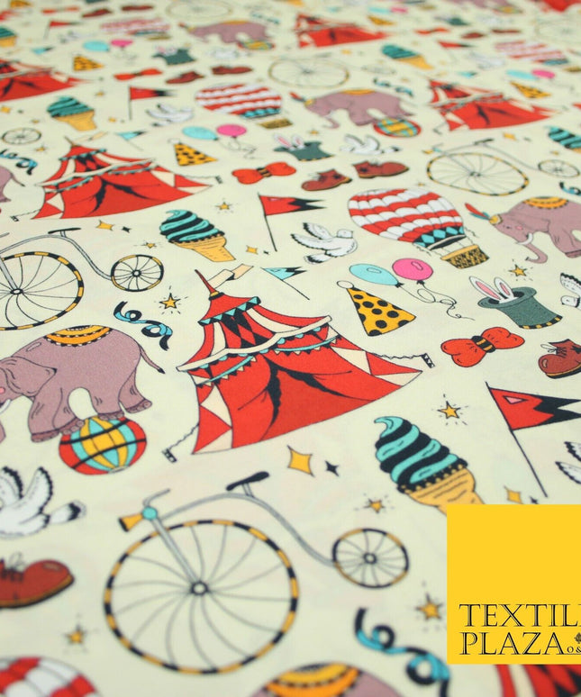 Cream Circus Show Fun Elephant Hot Air Balloon Printed 100% Cotton Fabric 7363