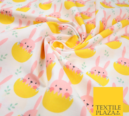 White Cute Peaking Pink Easter Bunny Rabbit Egg Printed 100% Cotton Fabric 7360