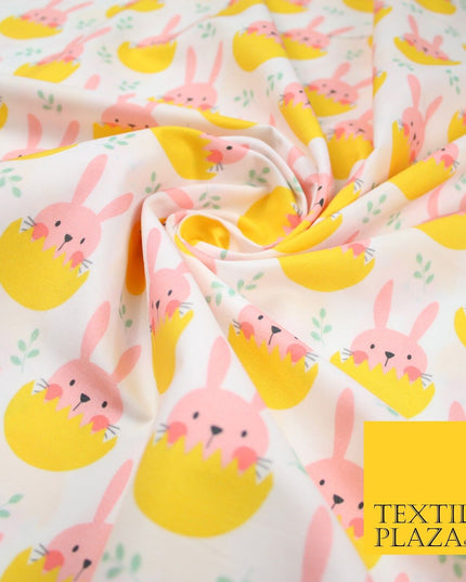 White Cute Peaking Pink Easter Bunny Rabbit Egg Printed 100% Cotton Fabric 7360