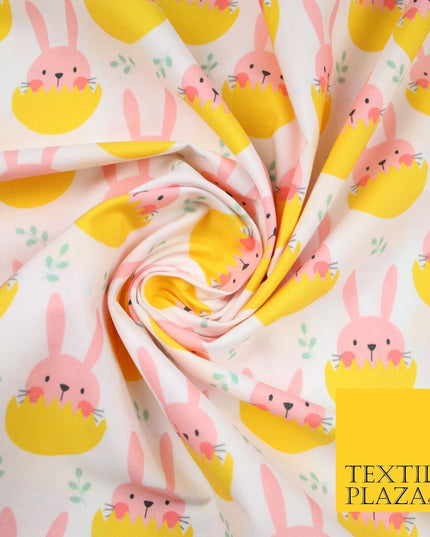 White Cute Peaking Pink Easter Bunny Rabbit Egg Printed 100% Cotton Fabric 7360