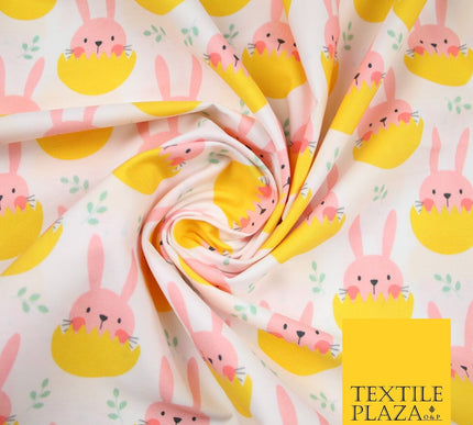 White Cute Peaking Pink Easter Bunny Rabbit Egg Printed 100% Cotton Fabric 7360