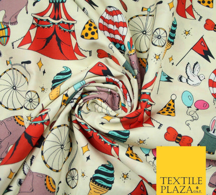 Cream Circus Show Fun Elephant Hot Air Balloon Printed 100% Cotton Fabric 7363