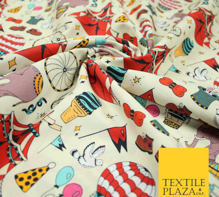 Cream Circus Show Fun Elephant Hot Air Balloon Printed 100% Cotton Fabric 7363