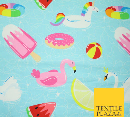 Blue Summer Pool Party Flamingo Unicorn Fun Inflatables 100% Cotton Fabric 7362