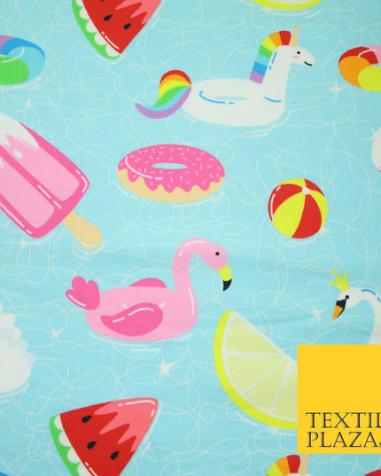 Blue Summer Pool Party Flamingo Unicorn Fun Inflatables 100% Cotton Fabric 7362