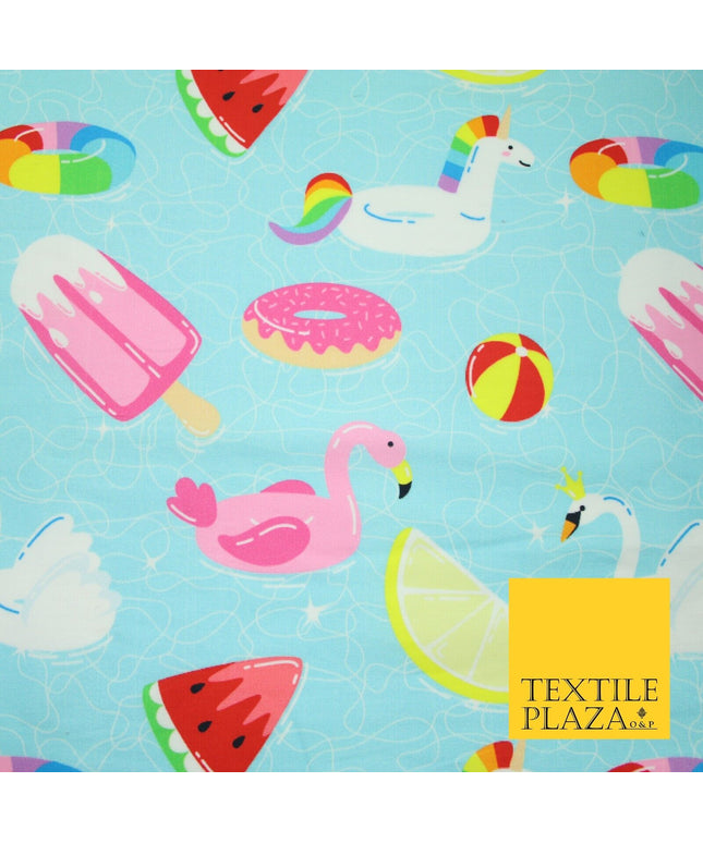 Blue Summer Pool Party Flamingo Unicorn Fun Inflatables 100% Cotton Fabric 7362