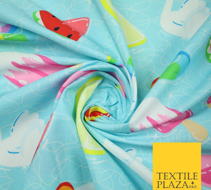 Blue Summer Pool Party Flamingo Unicorn Fun Inflatables 100% Cotton Fabric 7362