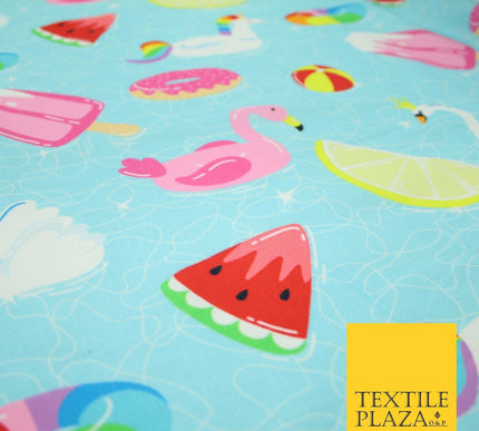 Blue Summer Pool Party Flamingo Unicorn Fun Inflatables 100% Cotton Fabric 7362