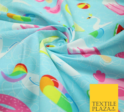 Blue Summer Pool Party Flamingo Unicorn Fun Inflatables 100% Cotton Fabric 7362