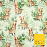Beige Watercolour Cute Woodland Bunny Rabbits Leafy 100% Cotton Fabric 7353