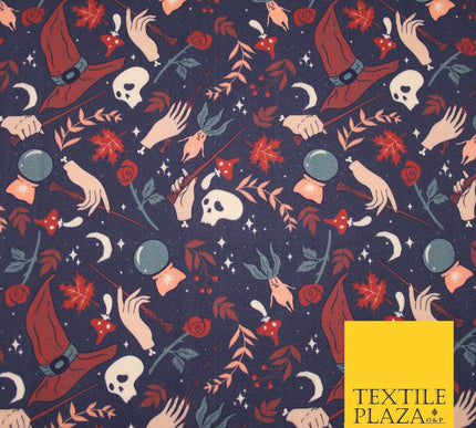 Navy Blue Magical Wizard Witch Spell Skull Halloween 100% Cotton Fabric 7347