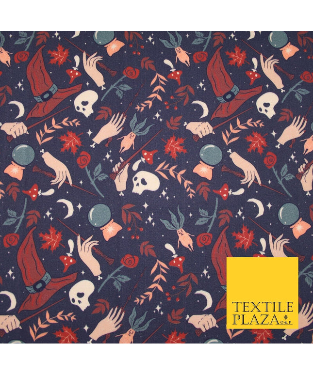 Navy Blue Magical Wizard Witch Spell Skull Halloween 100% Cotton Fabric 7347
