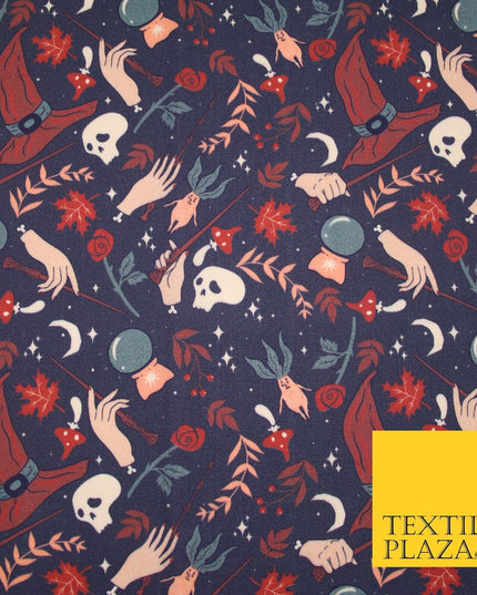 Navy Blue Magical Wizard Witch Spell Skull Halloween 100% Cotton Fabric 7347