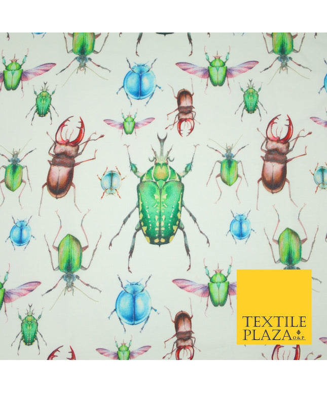 White Flying Insects Beetles Bugs Scarab Ladybug Printed 100% Cotton Fabric 7350