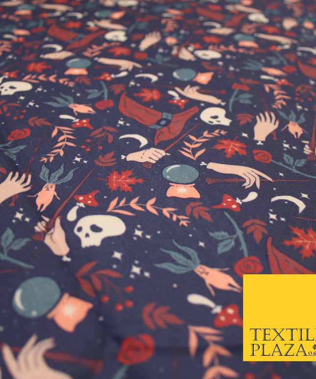 Navy Blue Magical Wizard Witch Spell Skull Halloween 100% Cotton Fabric 7347