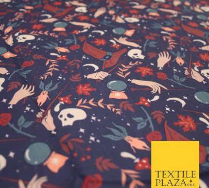 Navy Blue Magical Wizard Witch Spell Skull Halloween 100% Cotton Fabric 7347