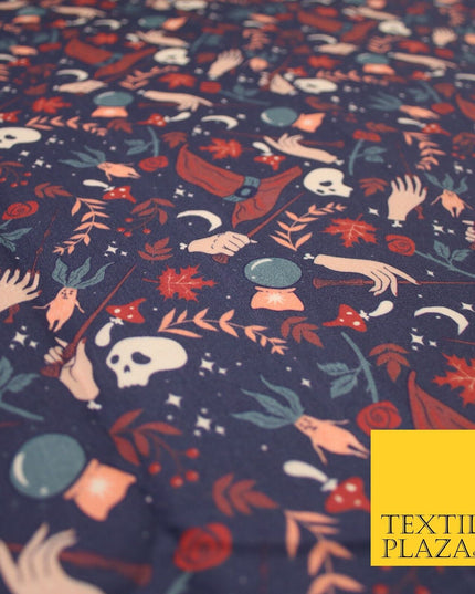 Navy Blue Magical Wizard Witch Spell Skull Halloween 100% Cotton Fabric 7347