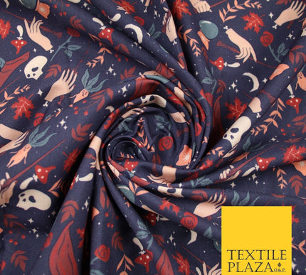 Navy Blue Magical Wizard Witch Spell Skull Halloween 100% Cotton Fabric 7347