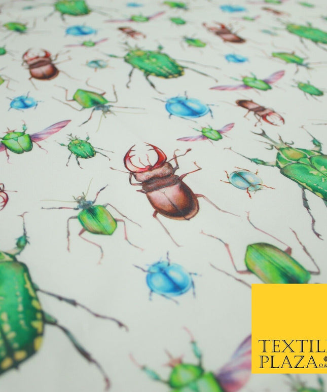 White Flying Insects Beetles Bugs Scarab Ladybug Printed 100% Cotton Fabric 7350