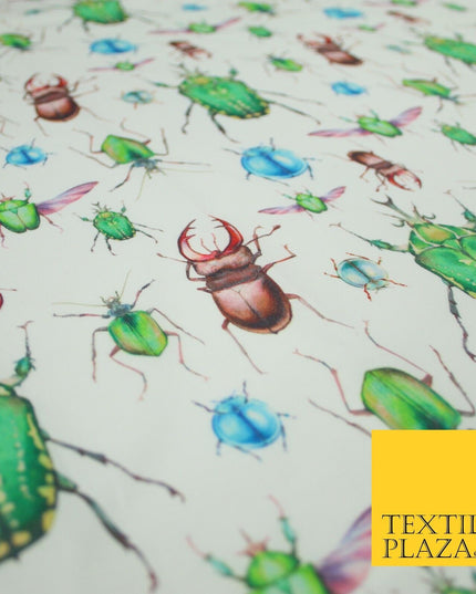 White Flying Insects Beetles Bugs Scarab Ladybug Printed 100% Cotton Fabric 7350