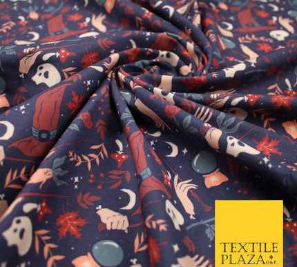 Navy Blue Magical Wizard Witch Spell Skull Halloween 100% Cotton Fabric 7347