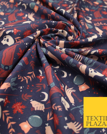 Navy Blue Magical Wizard Witch Spell Skull Halloween 100% Cotton Fabric 7347