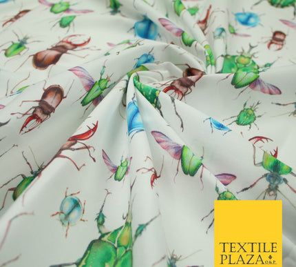 White Flying Insects Beetles Bugs Scarab Ladybug Printed 100% Cotton Fabric 7350